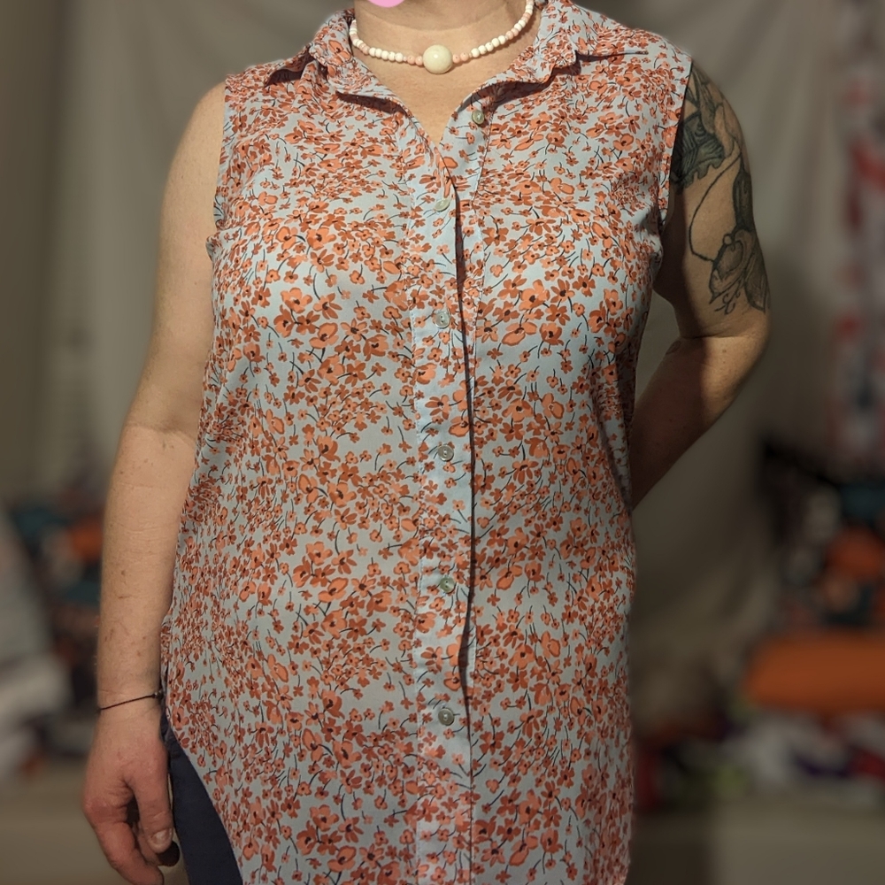 H&M sleeveless button down floral, springtime, sheer